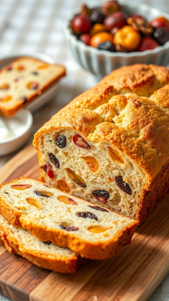 Delicious Bread Machine Fruit Bread Recipe A loaf of fruit bread with dried fruits, sliced on a wooden board, with a bowl of dried fruits nearby.